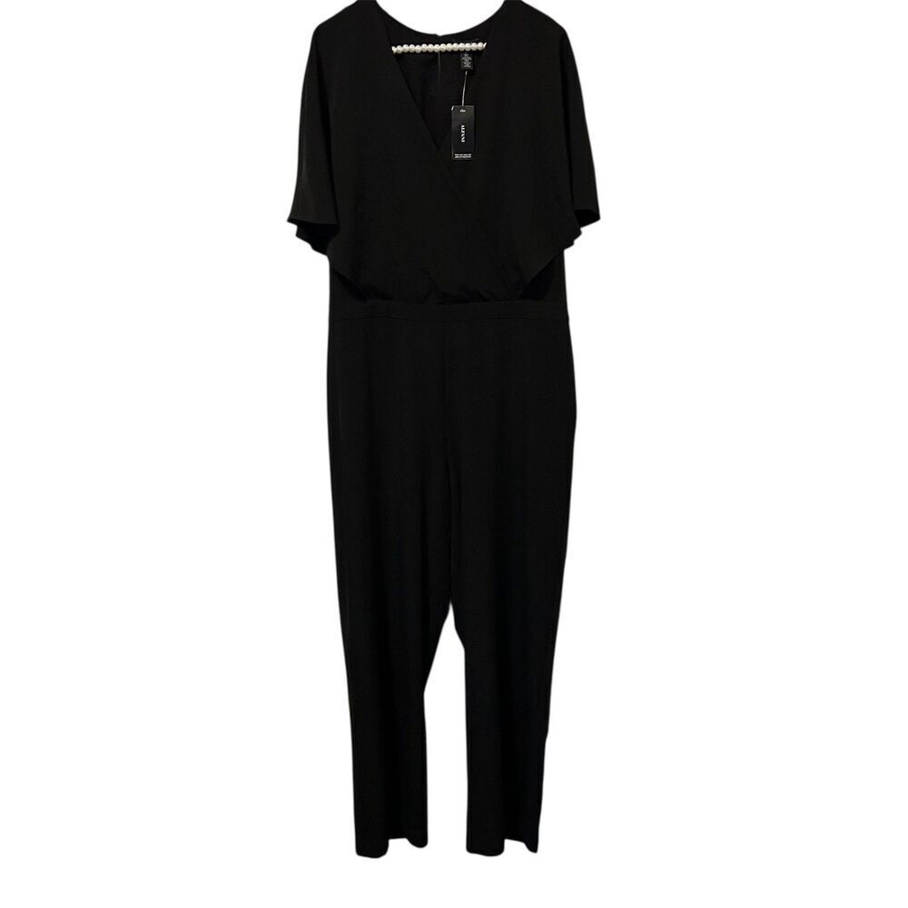 Alfani Jumpsuit Womens 16 Black Cape Sleeve Surplice Overlay Stretch Evening